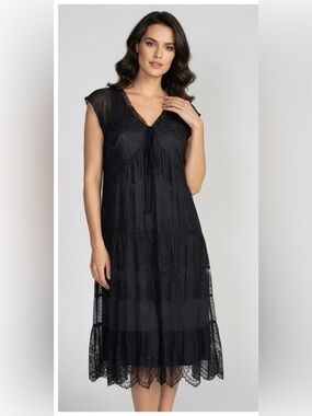 Garnet Hill Black Lace Tiered Midi Dress
